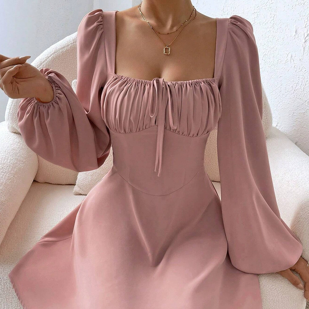 ZARA Sweet Fall Winter Waist Cinching A-Line Dress with Puff Sleeves Square Neck